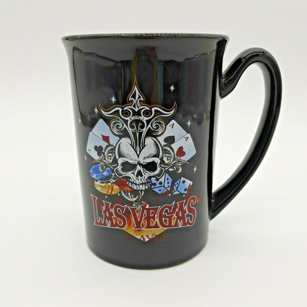 Las Vegas Player Coffee Mug Skull Chips Aces Dice Black Red Collector Gambler